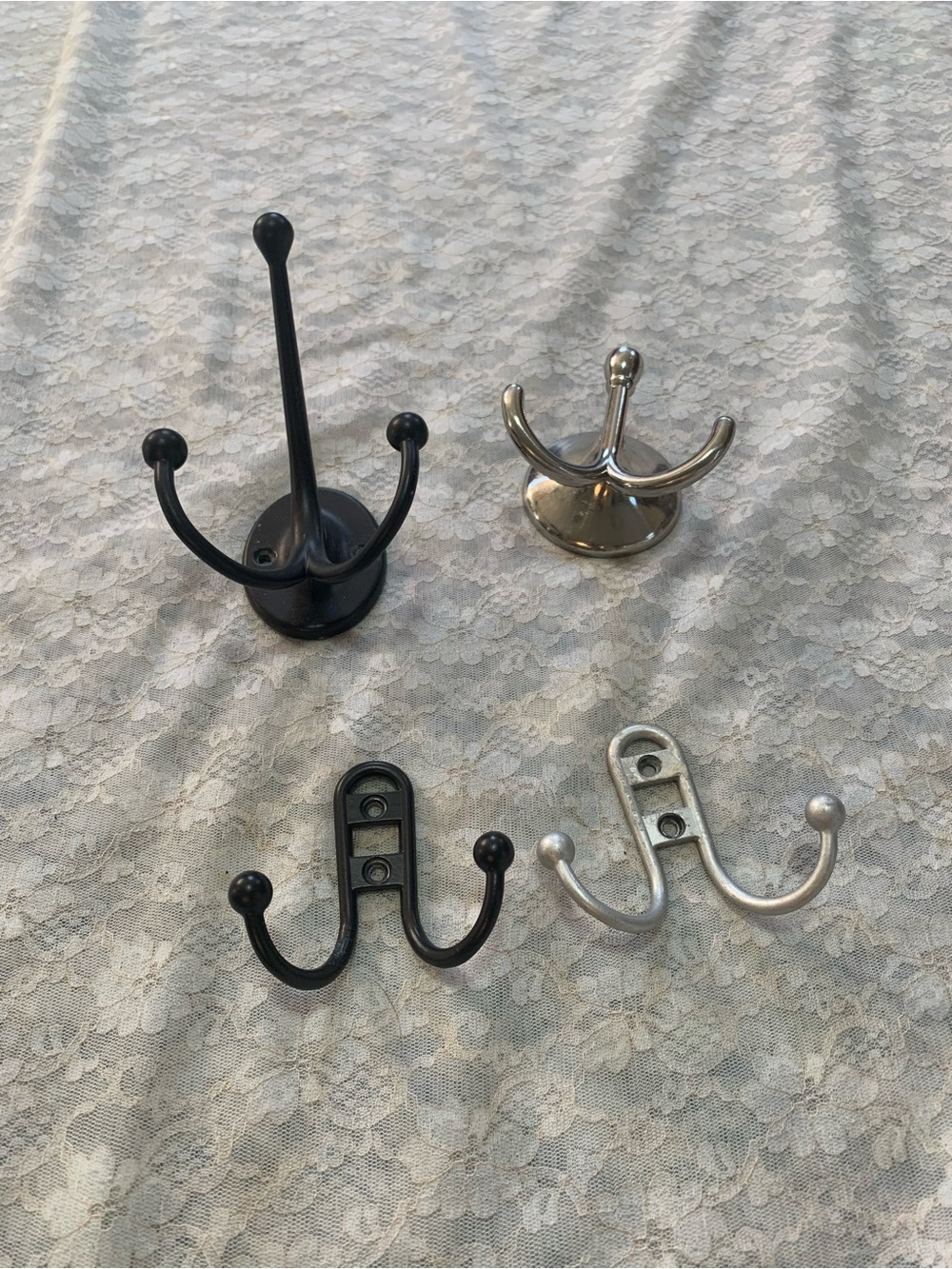 Mixed Lot of Wall Mount Coat Hooks - Black, Chrome & Satin Nickel (4-Piece)